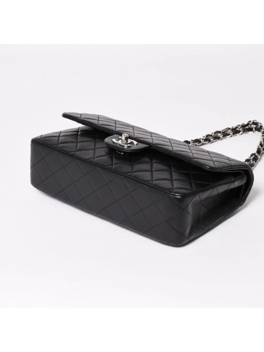 Chanel Quilted 25 Double Flap Chain Shoulder Bag Lambskin CC Logo Black Silver